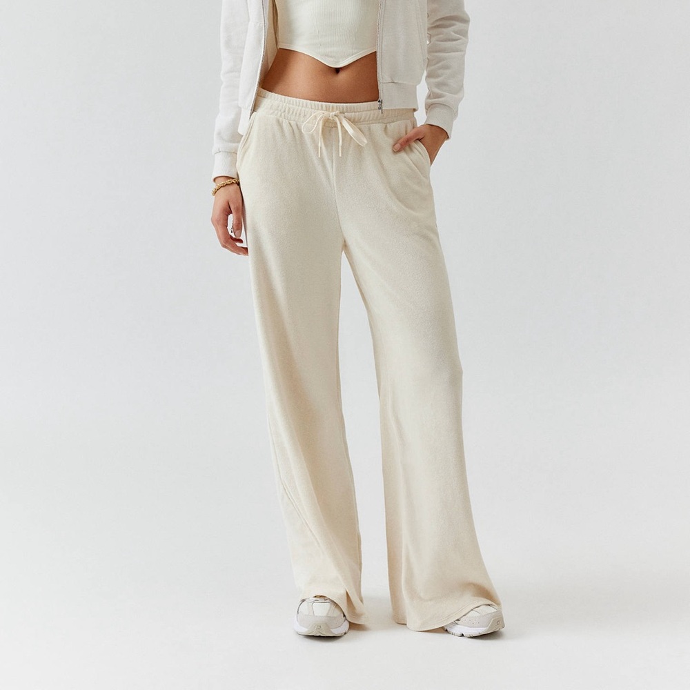 Beyond Yoga Terry Cloth Wide Leg Drawstring Lounge Pants in Cream